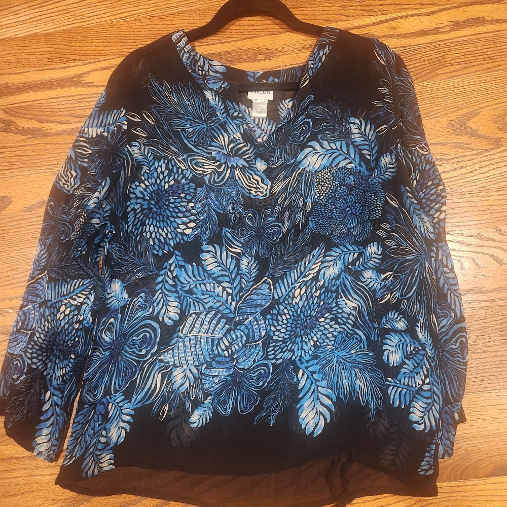 Chico's floral Blue and Black Women's sheer Top